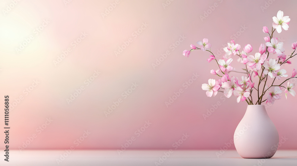 A minimalist white vase holds delicate pink and white flowers, set against a soft, pastel gradient background, creating a serene and elegant composition. A minimalist white vase holds delicate pink and white flowers, set against a soft, pastel gradient background, creating a serene and elegant composition.