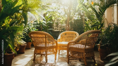 Cozy and Inviting Rattan Chairs Surrounded by Lush Greenery in a Bright Sunlit Garden Space Perfect for Relaxation and Connection with Nature