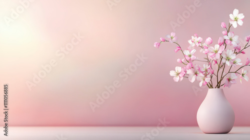 A minimalist white vase holds delicate pink and white flowers, set against a soft, pastel gradient background, creating a serene and elegant composition.