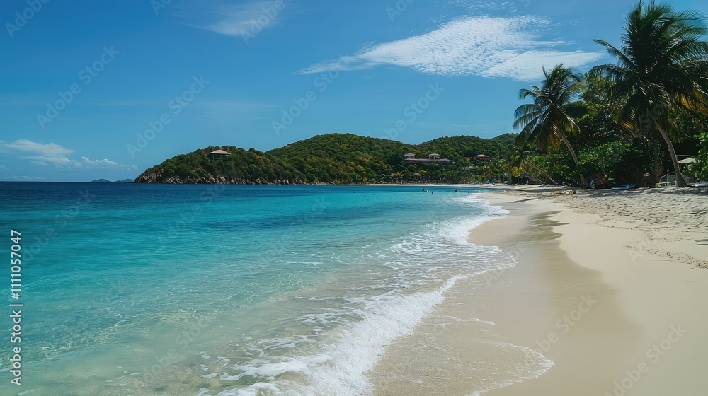 Serene Beach Landscape with Clear Turquoise Water, Golden Sand, and Lush Green Hills Under a Bright Blue Sky in a Tropical Paradise Serene Beach Landscape with Clear Turquoise Water, Golden Sand, and Lush Green Hills Under a Bright Blue Sky in a Tropical Paradise