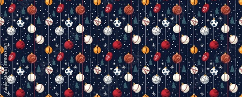 seamless pattern of Sports ball Christmas ornaments red white blue dark background festive winter holiday design 