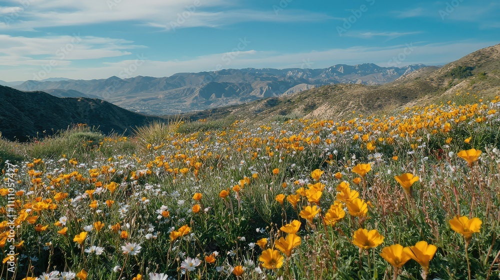 Fototapeta premium Scenic Landscape of Vibrant Wildflowers in a Rolling Hillside Under a Bright Blue Sky with Majestic Mountains in the Distance, Showcasing Nature's Splendor and Tranquility