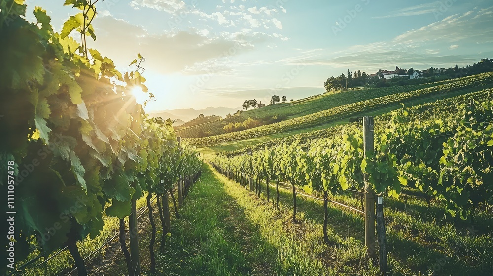 Fototapeta premium Serene Vineyard Landscape at Sunrise with Lush Green Grapevines and Gentle Rolling Hills Under a Clear Sky, Capturing the Essence of Nature's Bounty