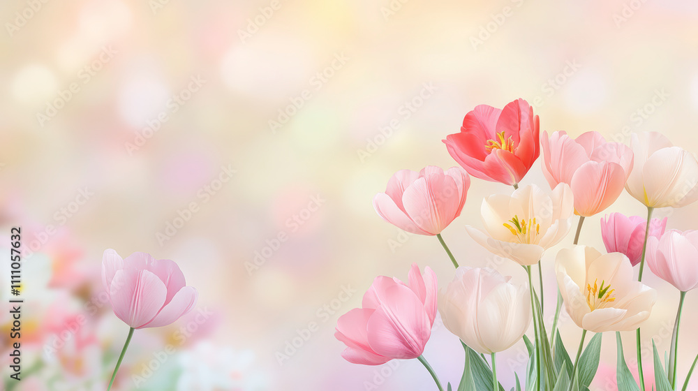 Obraz premium A soft, dreamy bouquet of pink and white tulips with a gentle pastel background, creating a serene and elegant floral scene.