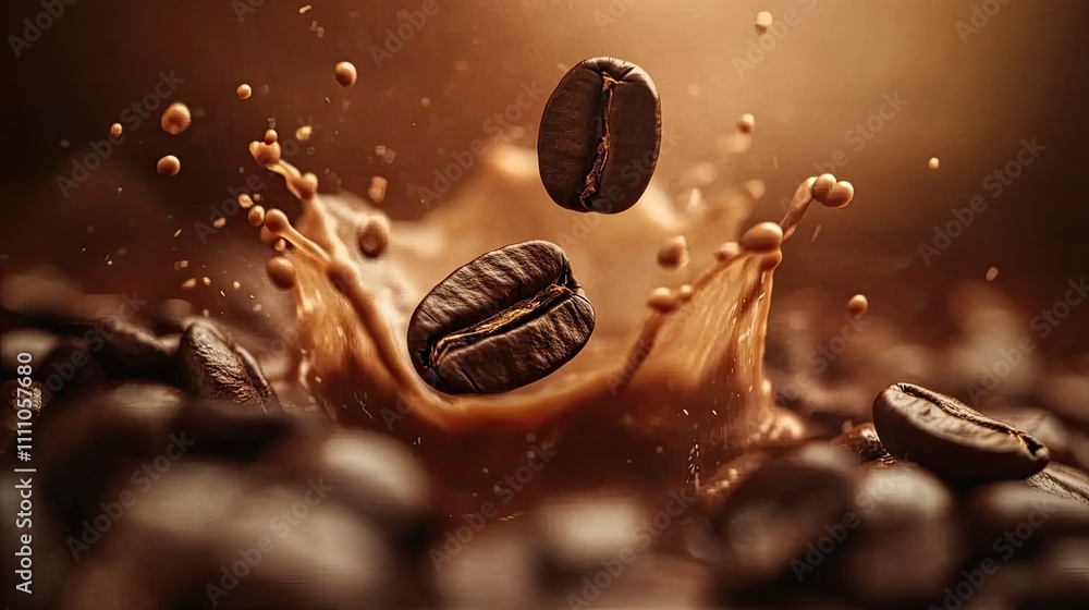 Coffee Beans Splash in Brown Background with Droplets and Crema Coffee Beans Splash in Brown Background with Droplets and Crema