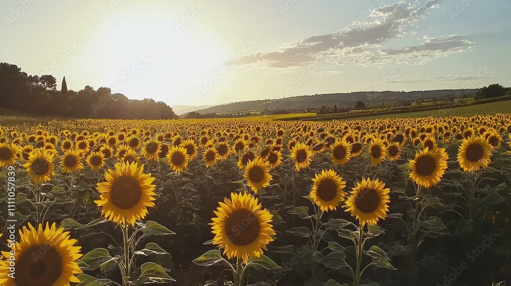Obraz premium Majestic Sunflower Field Under Bright Golden Sunlight with a Stunning Blue Sky and Fluffy Clouds in the Background Creating a Serene Natural Landscape Scene