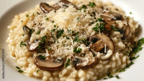 Photo of, A tempting plate of mushroom risotto garnished with freshly grated Parmesan cheese and chopped parsley, Risotto plate centered