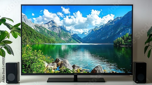 Stunning Alpine Lake Landscape Displayed on Modern Television photo