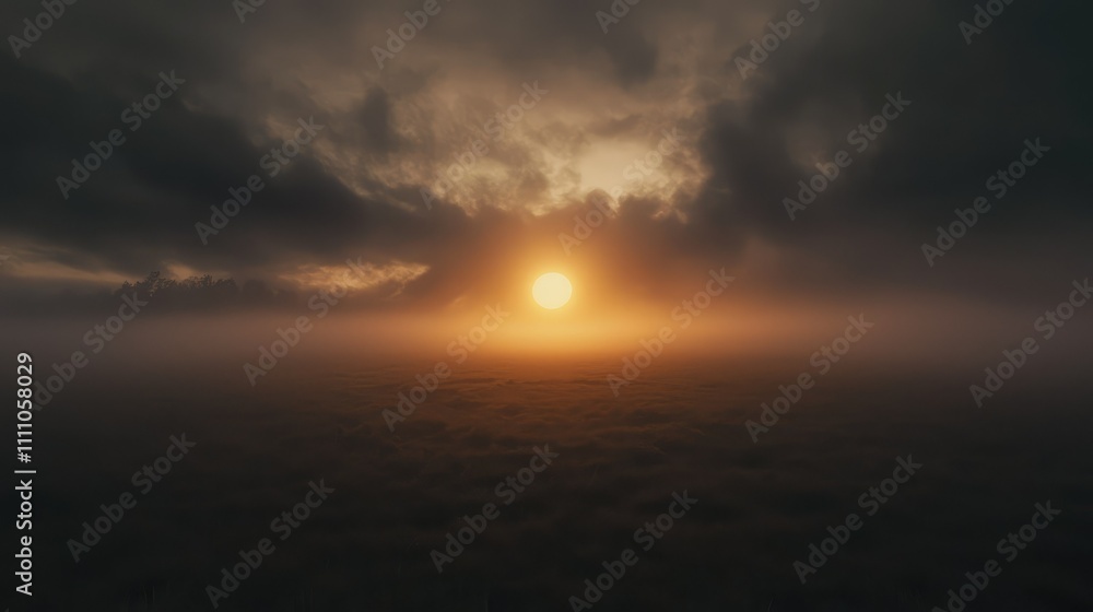 Serene Sunrise Over Foggy Landscape with Dramatic Clouds and Golden Light Breaking Through Gloomy Skies, Invoking Calm and Wonder of Nature's Beauty Serene Sunrise Over Foggy Landscape with Dramatic Clouds and Golden Light Breaking Through Gloomy Skies, Invoking Calm and Wonder of Nature's Beauty