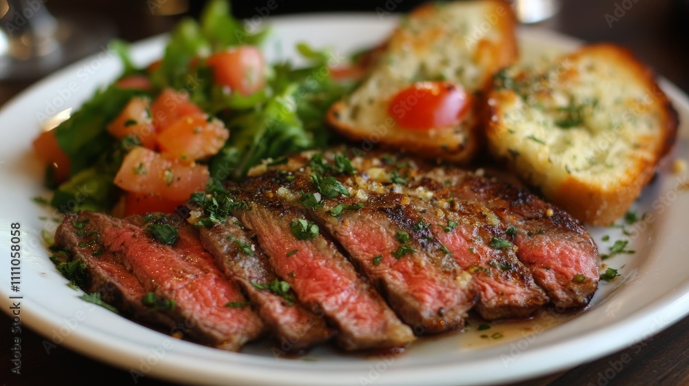 A plate of sliced steak accompanied by salad and garlic bread. A plate of sliced steak accompanied by salad and garlic bread.
