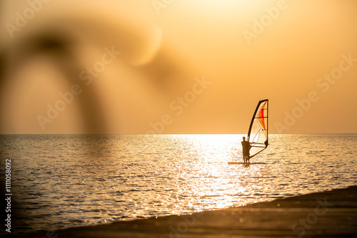 A windsurfer riding on the golden sea at sunset, framed by a blurred foreground leafl