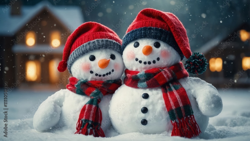 Fototapeta premium two snowmen in red hats