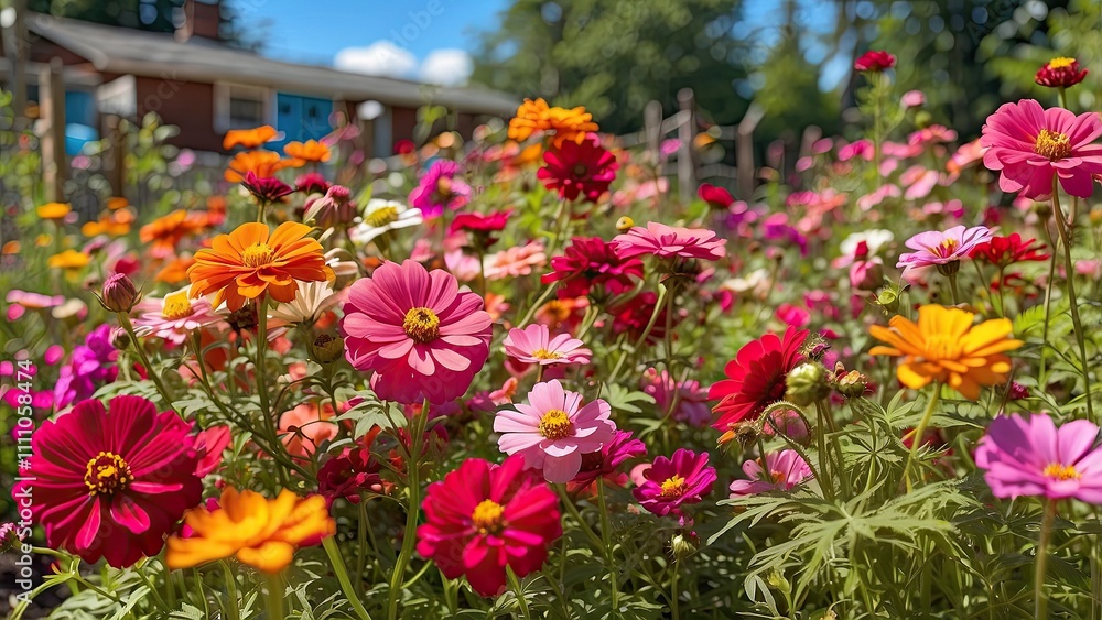 Vibrant zinnias and cosmos blooming in a sunlit community garden. Vibrant zinnias and cosmos blooming in a sunlit community garden.