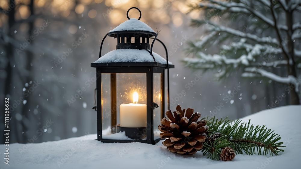 Black metal lantern with glowing candle surrounded by snow-covered pine branches, green and gold Christmas ornaments, and pine cones. Snowy winter wonderland background with blurred trees and houses Black metal lantern with glowing candle surrounded by snow-covered pine branches, green and gold Christmas ornaments, and pine cones. Snowy winter wonderland background with blurred trees and houses