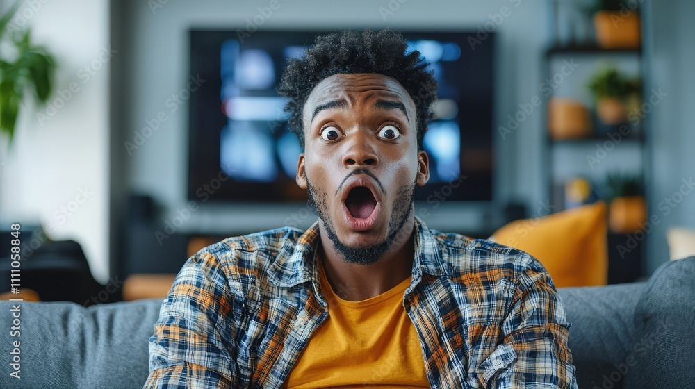 Surprised Young Man with Open Mouth Sitting on Couch in Modern Living Room, Engaged in a Thrilling Experience While Watching TV, Exuding Shock and Emotion Surprised Young Man with Open Mouth Sitting on Couch in Modern Living Room, Engaged in a Thrilling Experience While Watching TV, Exuding Shock and Emotion