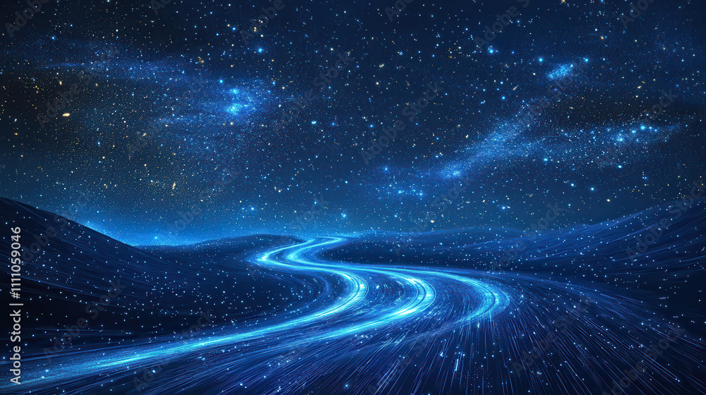 Fototapeta premium mesmerizing abstract blue background featuring winding path illuminated by speed light, set against starry night sky. scene evokes sense of wonder and tranquility
