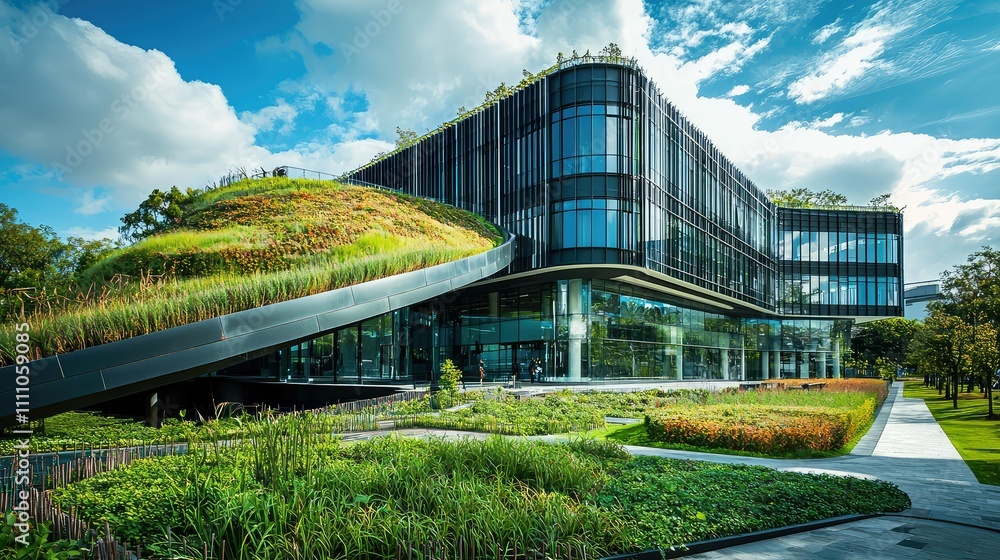 Fototapeta premium Modern Architectural Marvel with Green Roof and Lush Landscaping Showcasing Sustainability and Innovation in Urban Design Near Blue Sky and Fluffy Clouds