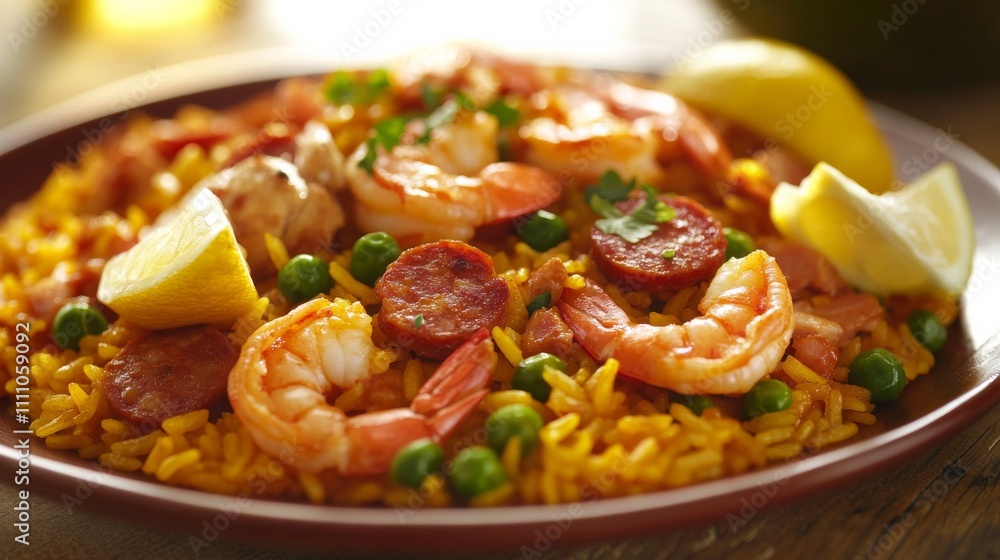 Photo of, A tempting plate of Spanish paella with saffron-infused rice, chorizo Photo of, A tempting plate of Spanish paella with saffron-infused rice, chorizo