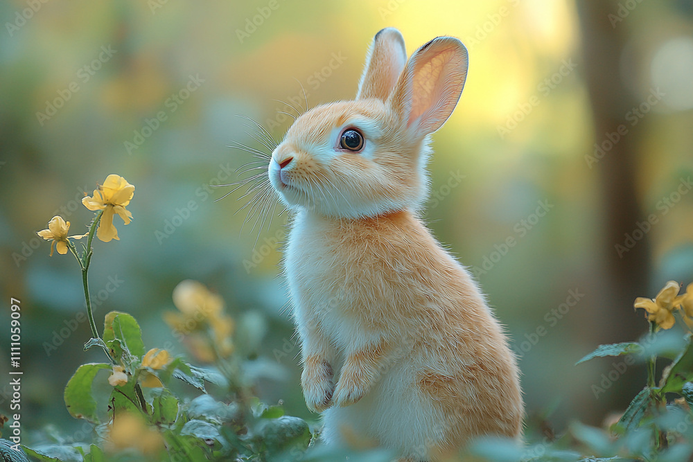 Fototapeta premium Adorable Baby Rabbit Amidst Yellow Flowers