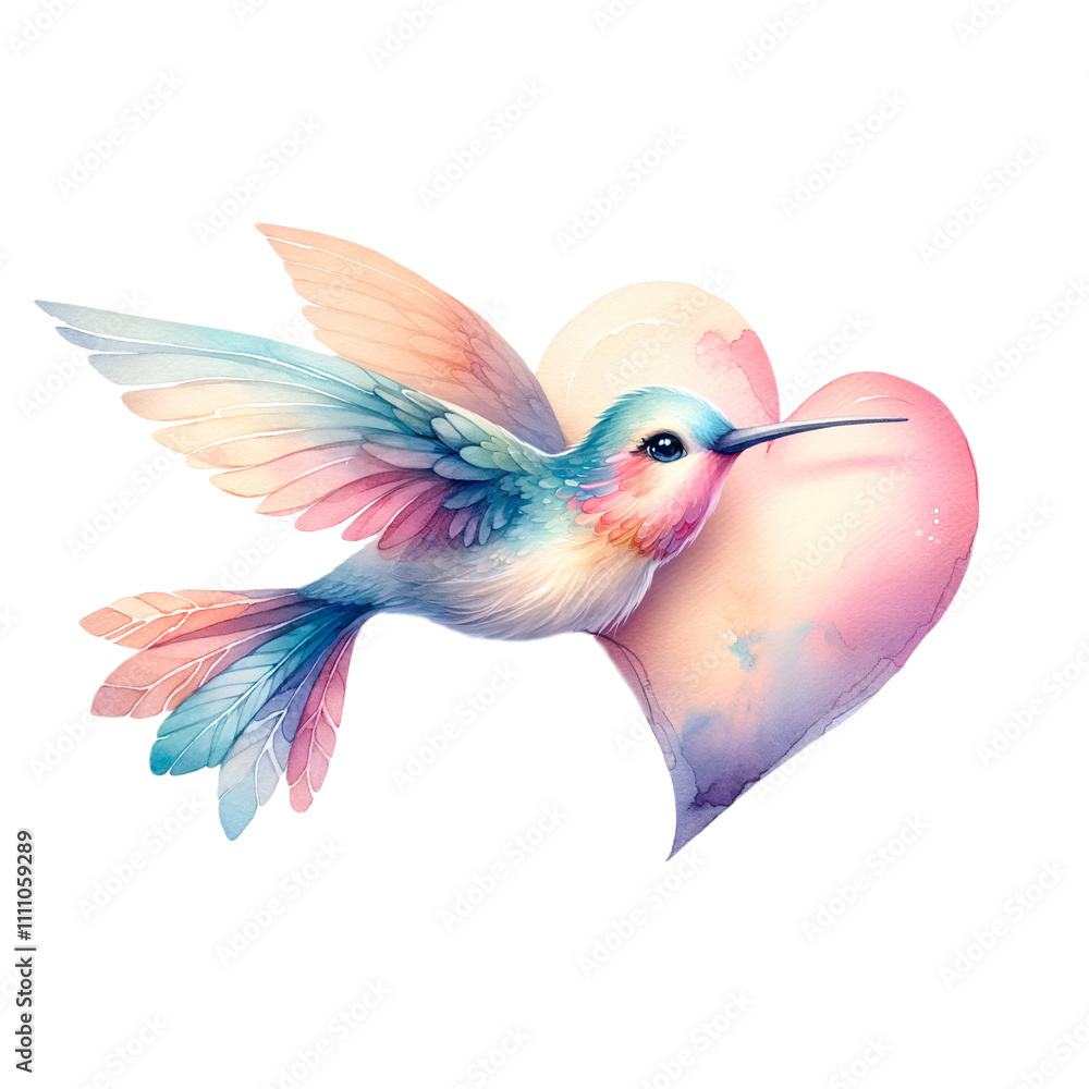 Obraz premium Vibrant Hummingbird in Flight Near Delicate Heart Shape
