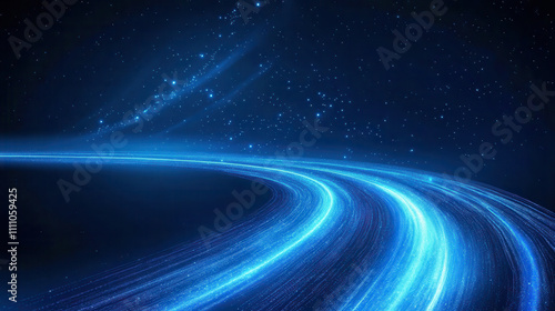 mesmerizing abstract background featuring blue light lines that create sense of speed and movement against dark starry backdrop. This image evokes feeling of depth and cosmic wonder