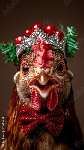 A festive chicken wearing a crown and bow tie, ready for a holiday celebration.