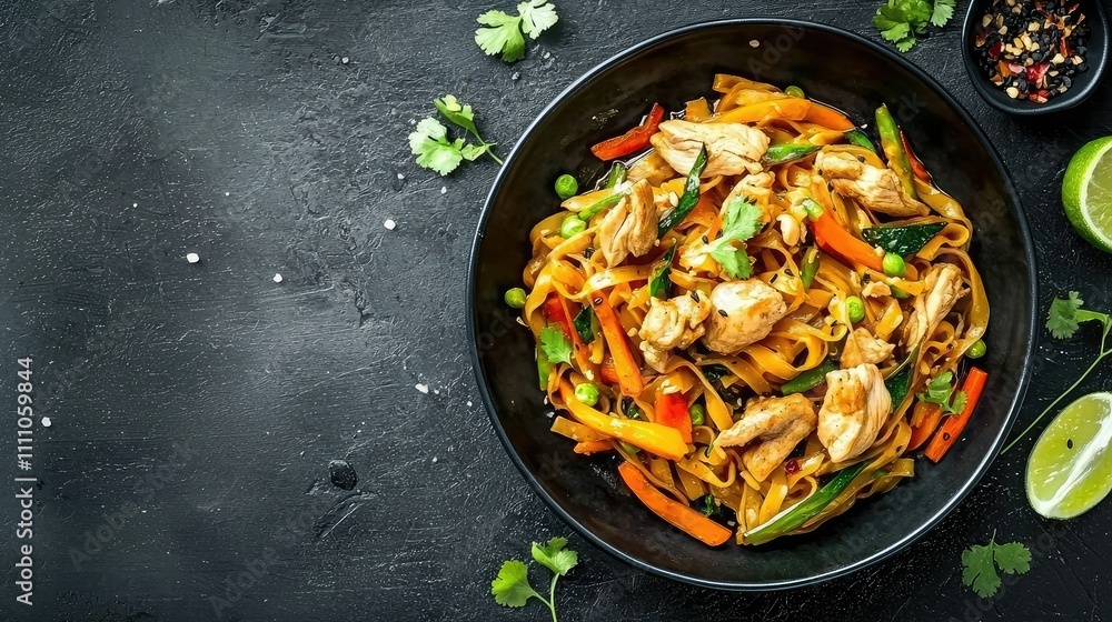 Delicious Chicken Pad Thai on a Dark Slate Background with Fresh Vegetables and Lime Wedges, Perfect for Food Lovers and Cooking Enthusiasts Delicious Chicken Pad Thai on a Dark Slate Background with Fresh Vegetables and Lime Wedges, Perfect for Food Lovers and Cooking Enthusiasts