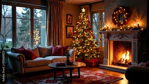 Christmas tree in the living room with cozy plaids on the sofa or sofa  decorative pillows  fireplace and cozy atmosphere