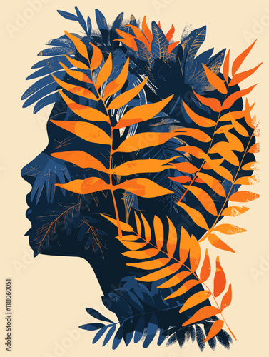 Woman's face is drawn with leaves and branches. The image has a calming and peaceful mood, as the leaves and branches seem to be gently swaying in the wind