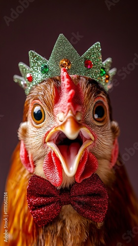 A festive chicken wearing a glimmering crown and a bow tie, displaying a proud and quirky expression.