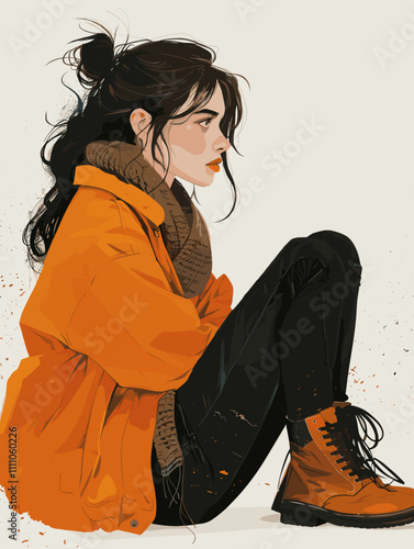 Woman in an orange jacket sits on the ground with her legs crossed. She is wearing black pants and boots. The image has a moody and introspective feel to it, as if the woman is lost in thought