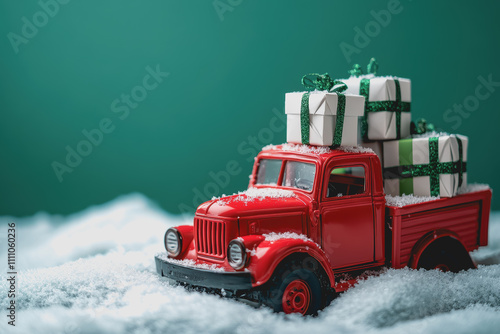 Vintage red toy truck carrying wrapped gifts, surrounded by simulated snow on a green background, perfect for festive holiday themes and seasonal decorations photo