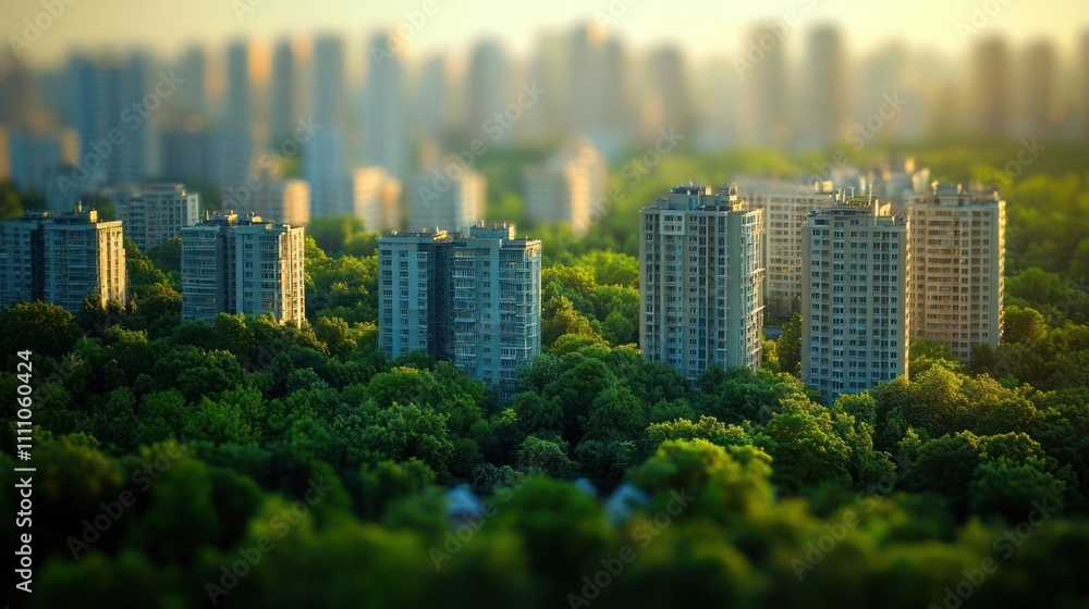 Fototapeta premium Urban Oasis: Cityscape nestled in lush greenery at sunset