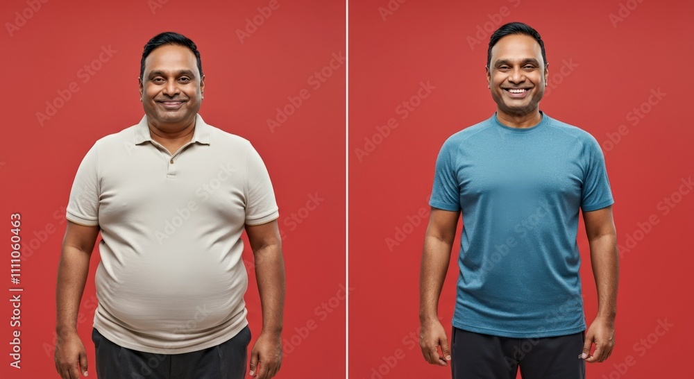 Transformation journey before and after weight loss asian male on red background for fitness motivation Transformation journey before and after weight loss asian male on red background for fitness motivation
