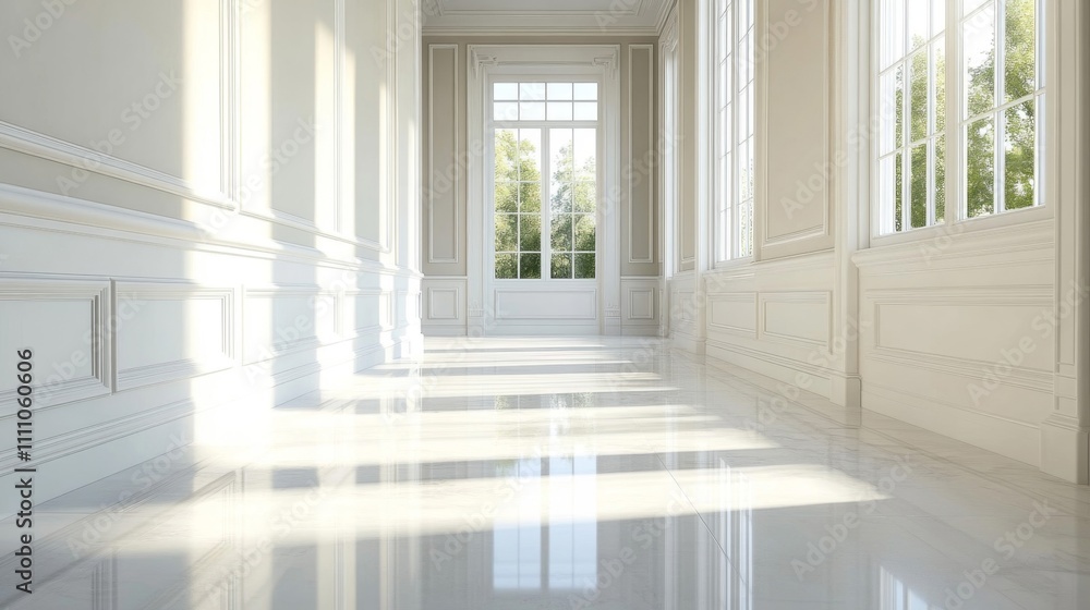 Sunlit Hallway with White Walls and Marble Floors Sunlit Hallway with White Walls and Marble Floors