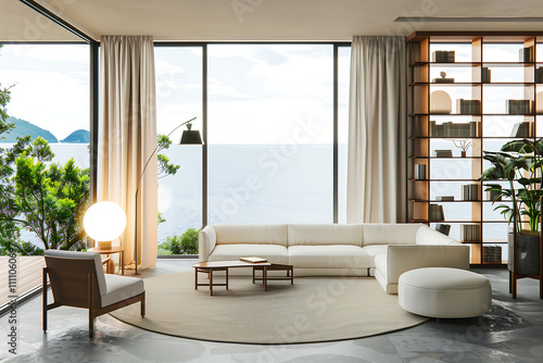 Elegant coastal living room with a white sectional sofa  panoramic ocean views through floor-to-ceiling windows  natural wood accents  and indoor greenery for a serene atmosphere