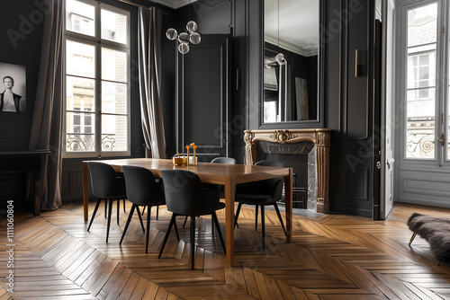 Sophisticated Parisian dining room featuring a wooden dining table, black upholstered chairs, a decorative fireplace, and tall windows with classic architectural details photo