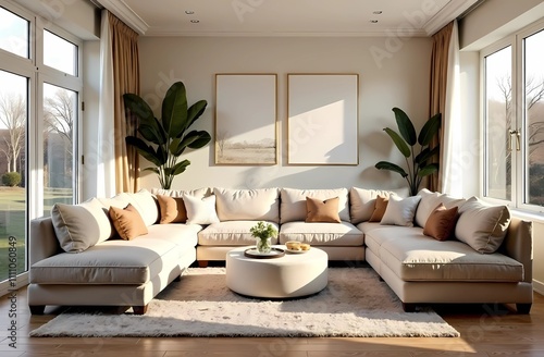 Bright living room with a large comfortable sofa, natural light, elegant decor, cozy and modern atmosphere