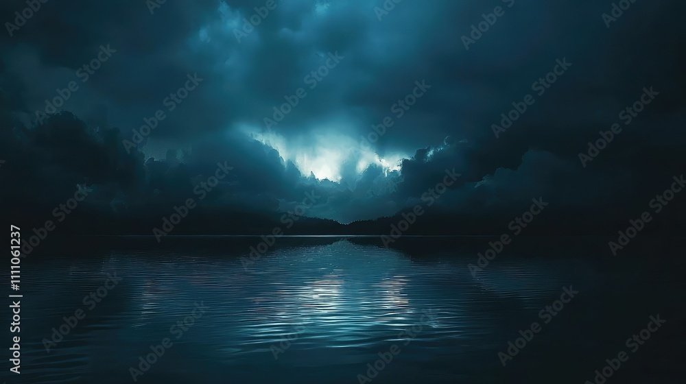 Serene Dark Waters Reflecting Dramatic Clouds and Soft Light Beneath a Stormy Night Sky in a Calm and Tranquil Atmosphere Serene Dark Waters Reflecting Dramatic Clouds and Soft Light Beneath a Stormy Night Sky in a Calm and Tranquil Atmosphere