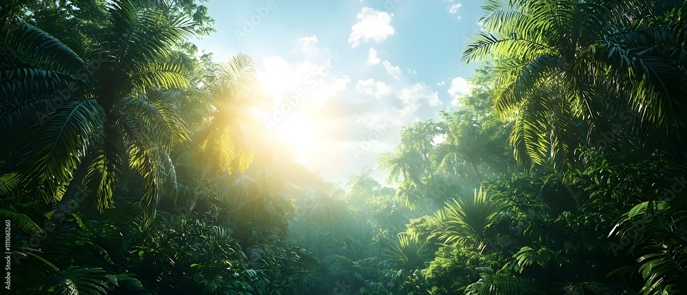 Obraz premium A vibrant tropical rainforest scene showcasing lush green foliage, tall palm trees, and soft sunlight filtering through the canopy, creating a calming and serene atmosphere.