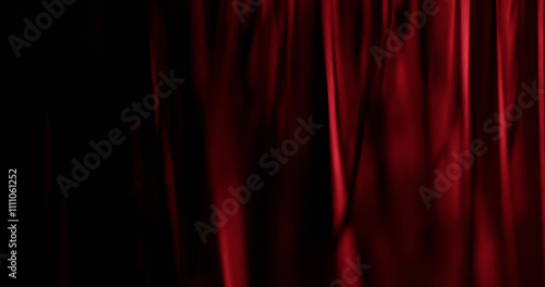 Defocused tinsel. Fringe curtain. Bright flickering of red threads. Festive glowing background with metallic shine and glitter effect for party mood.