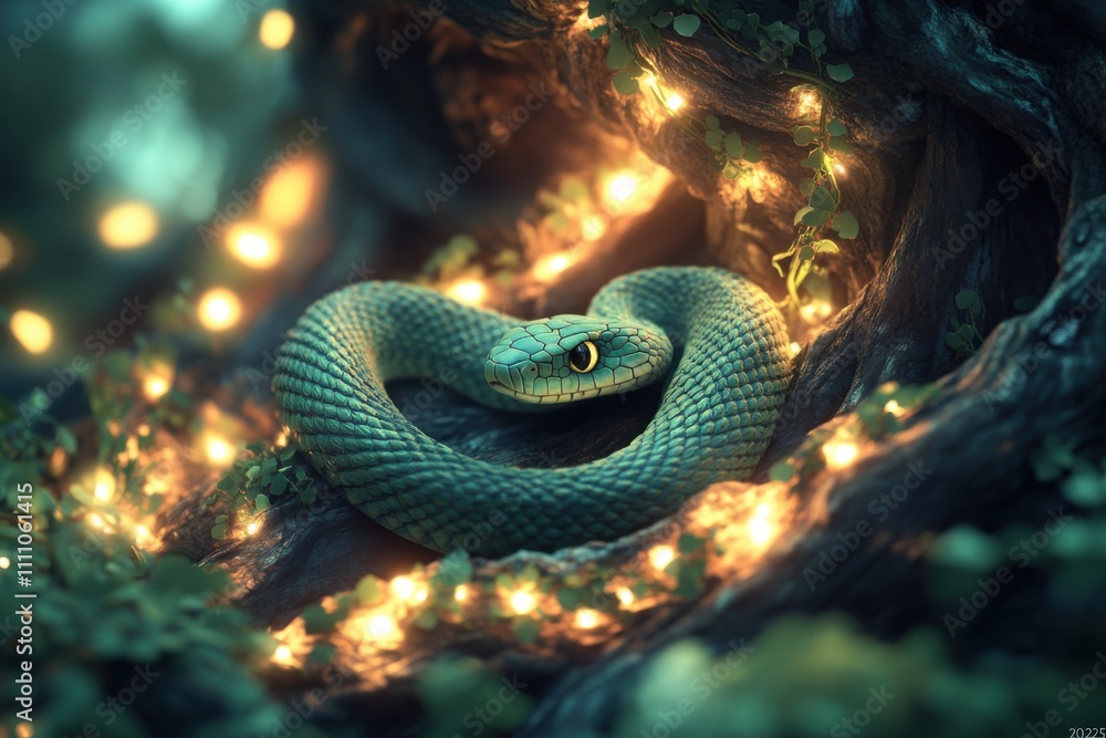 Fototapeta premium Snake that is curled up in a tree, 2025 year