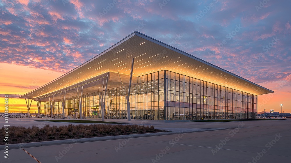 Obraz premium Modern glass building illuminated at sunset, showcasing contemporary architectural design.