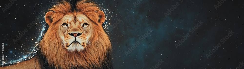 Fototapeta premium Leo lion with a mane of shimmering constellations, Leo starry mane, regal cosmic imagery