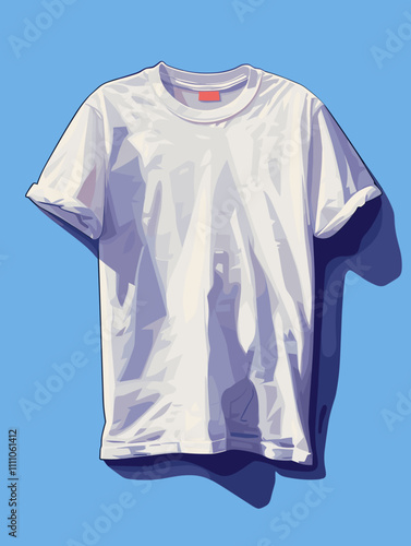 White shirt is shown on a blue background. The shirt is folded and placed on a table. The image has a minimalist and clean look, with the focus on the white shirt