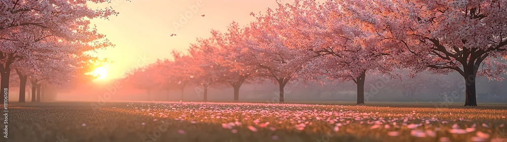 Fototapeta premium A tranquil sunset scene featuring blooming cherry blossom trees with pink petals scattered on the grass, evoking a serene and picturesque atmosphere.