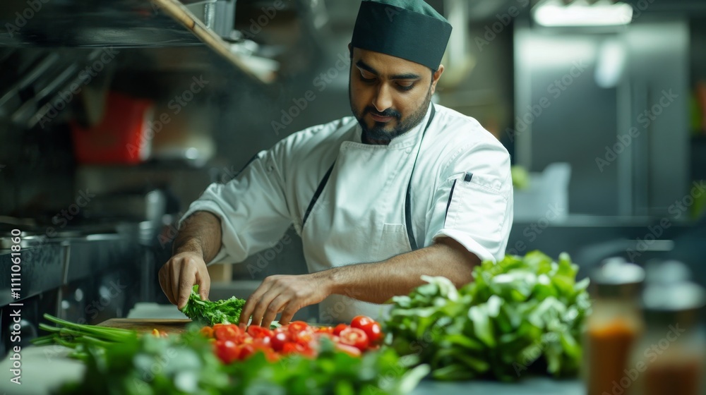 A male sous-chef of Indian descent, preparing fresh vegetables on a cutting board in a professional kitchen. A male sous-chef of Indian descent, preparing fresh vegetables on a cutting board in a professional kitchen.