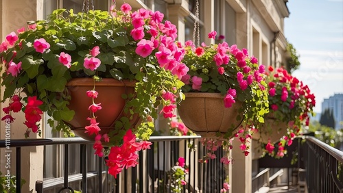 Lush hanging baskets filled with trailing fuchsia and ivy geraniums on a sunny balcony.