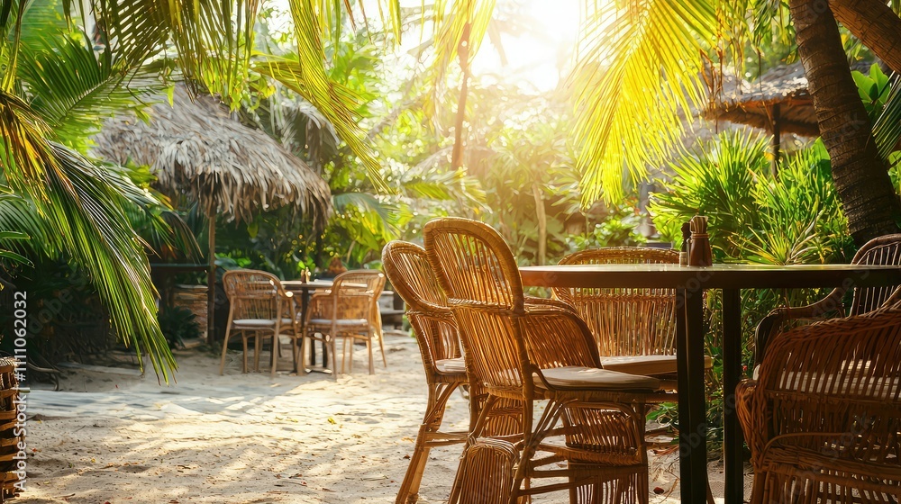 Fototapeta premium Tranquil Beachside Setting with Woven Chairs Surrounded by Lush Greenery and Tropical Plants, Bathed in Warm Golden Light and Serene Atmosphere