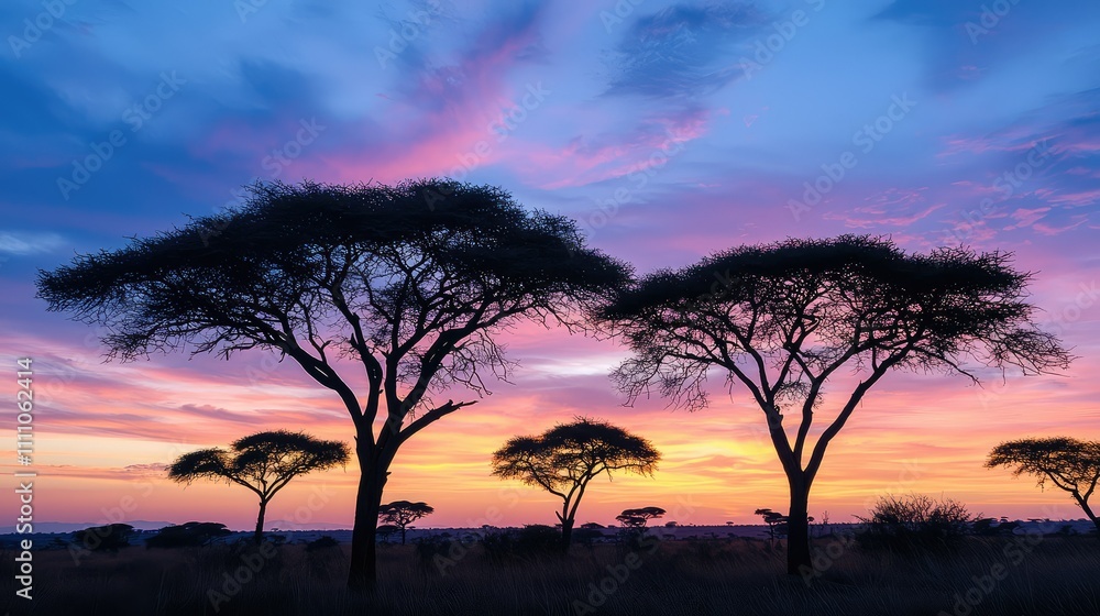 Fototapeta premium Silhouettes of Acacia Trees Against a Vibrant Sunset Sky in a Serene Landscape of the African Savannah